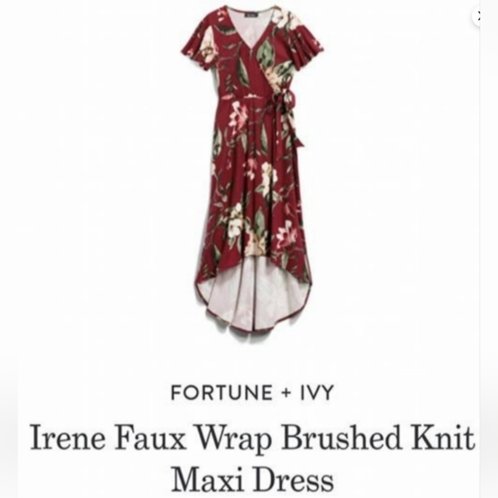 Fortune+Ivory Irene Faux Wrap Brushed Knit Red Floral  V-Neck Maxi Dress Size L - Picture 5 of 7